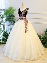Champagne Tulle Black Velvet V-neck Appliques Quinceanera Dress